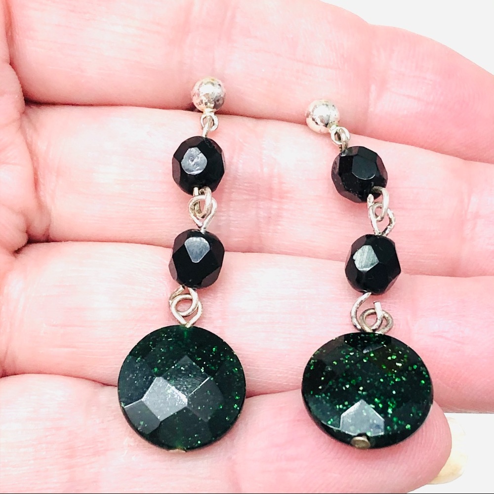 Rommanel Rhodium Plated Onyx & Goldstone Earrings